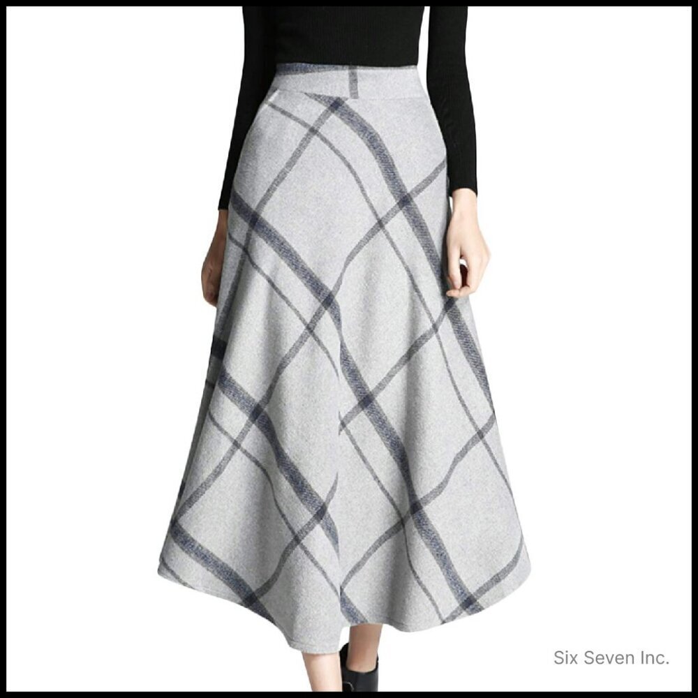 Wool Plaid A-Line Pleated Midi Skirt Elegant Classic Winter Warm Elastic Waist